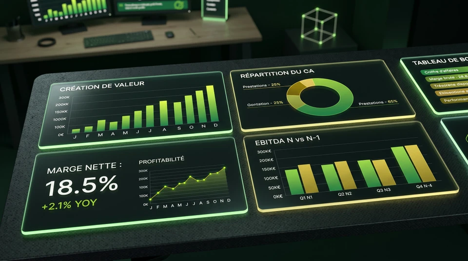 Bureau professionnel avec ordinateur portable ouvert et documents d'analyse financière étalés
